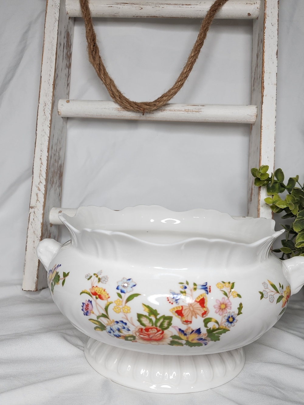 Vintage Aynsley Cottage Garden Pedestal Tureen Bowl Swan Handles